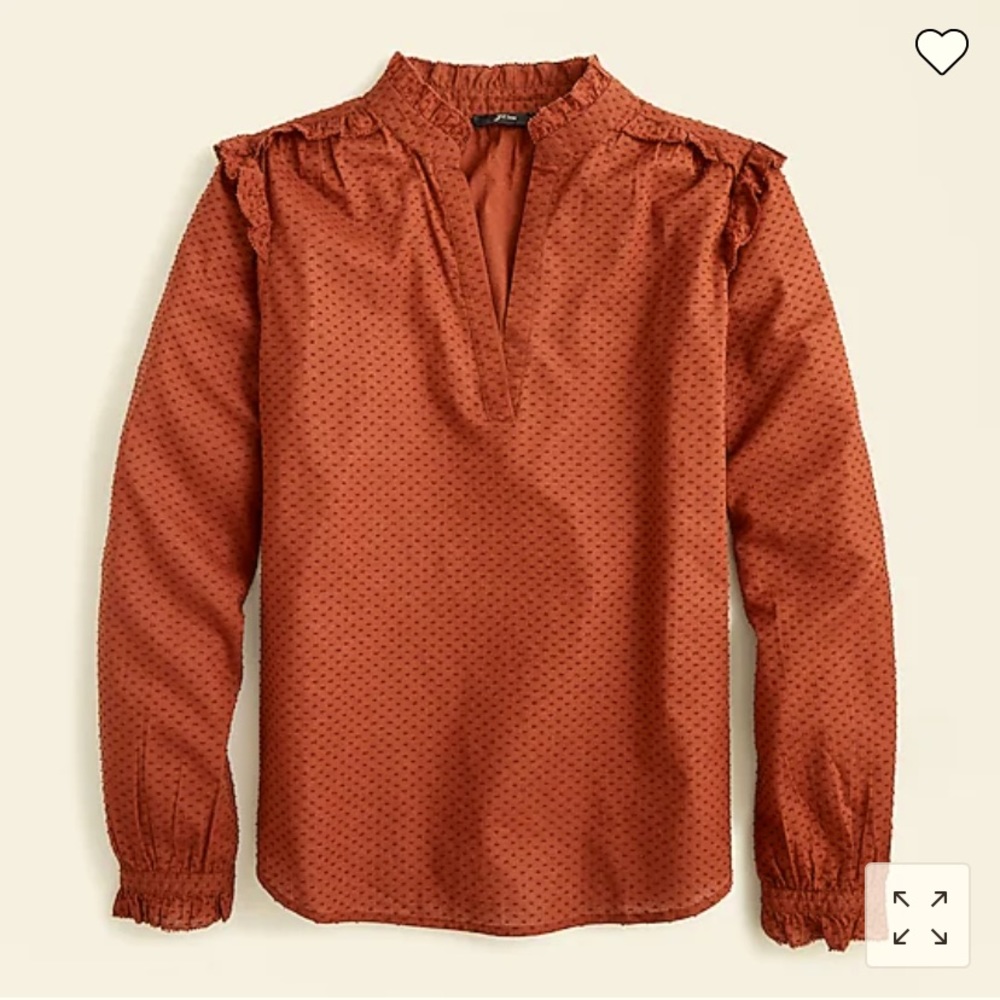 Jcrew ruffle trim v-neck popover in clip-dot-rust
